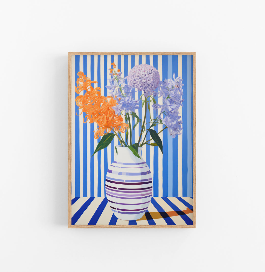 Cuadro con Marco Eclectic Rayas Verticales Azul Blanco Flores Naranja Lila