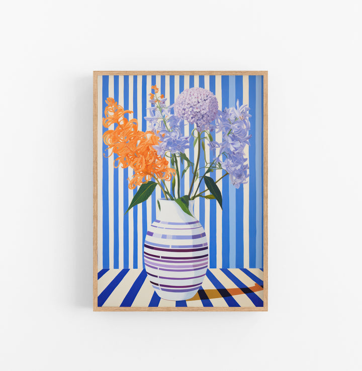 Cuadro con Marco Eclectic Rayas Verticales Azul Blanco Flores Naranja Lila
