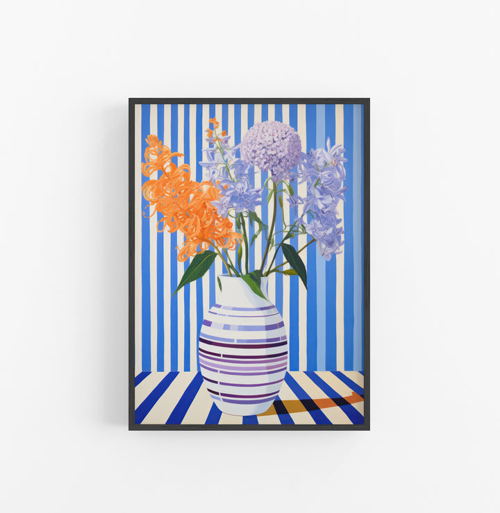 Cuadro con Marco Eclectic Rayas Verticales Azul Blanco Flores Naranja Lila