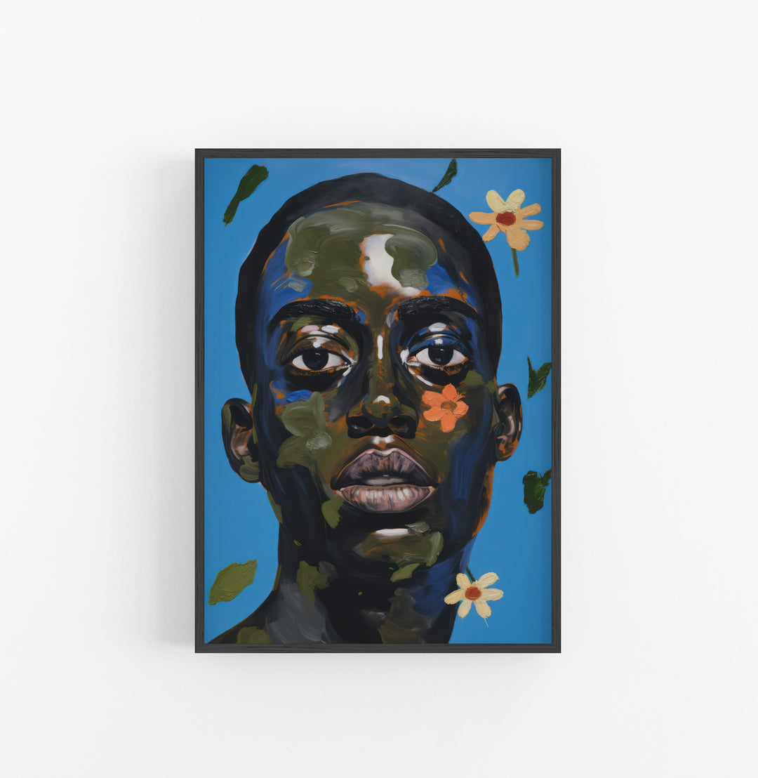 Cuadro con Marco Eclectic Retrato Artistico Floral Azul Negro Verde