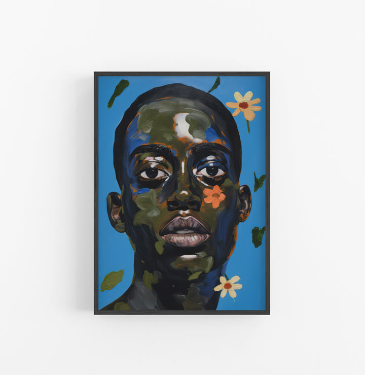 Cuadro con Marco Eclectic Retrato Artistico Floral Azul Negro Verde