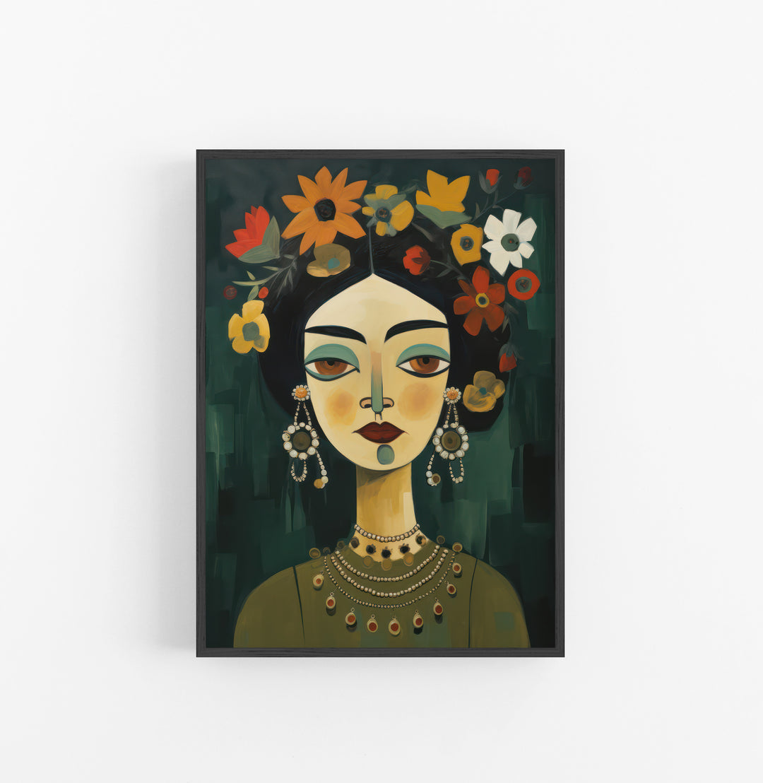 Cuadro con Marco Eclectic Retrato Femenino Floral Ocre Verde