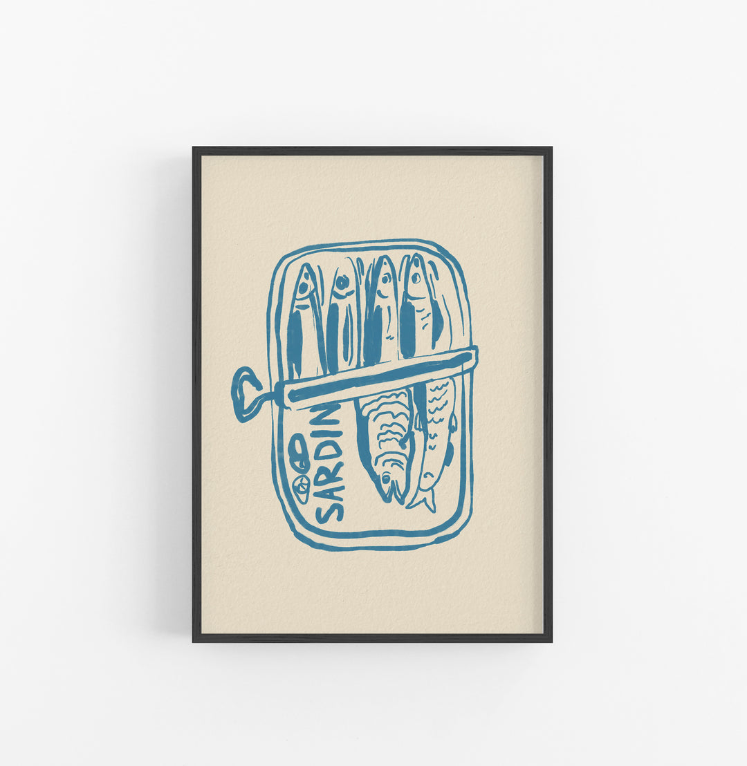 Cuadro Dibujo Tinta Azul Sardinas Latas
