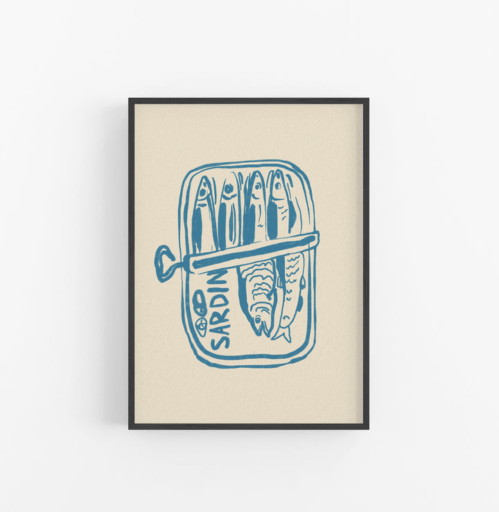 Cuadro Dibujo Tinta Azul Sardinas Latas