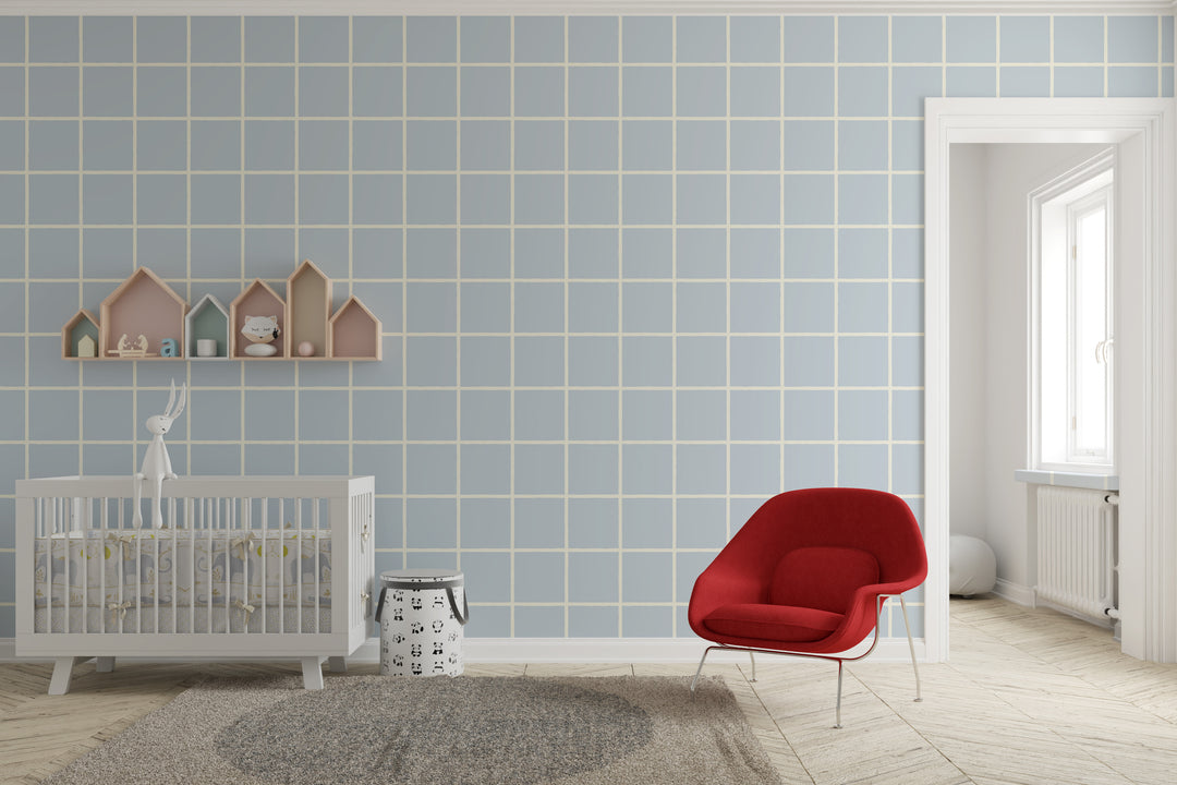 Papel pintado Cuadricula Azul Claro Crema L