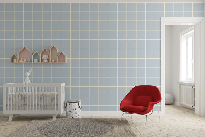 Papel pintado Cuadricula Azul Claro Crema L