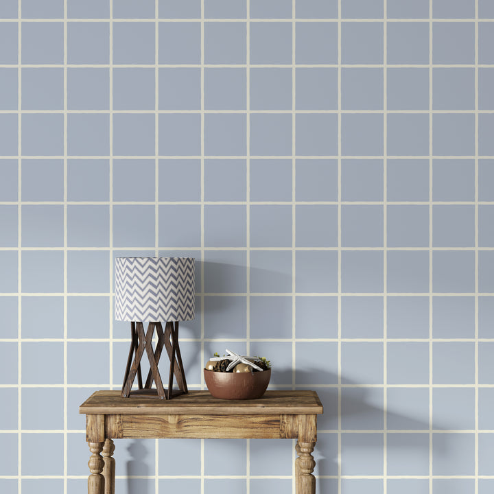 Papel pintado Cuadricula Azul Claro Crema L