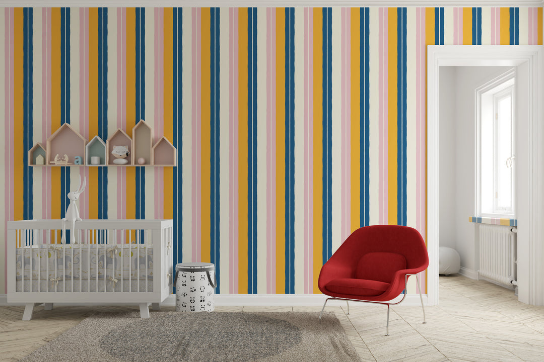 Papel pintado Rayas Dobles Amarillo Azul Rosa M
