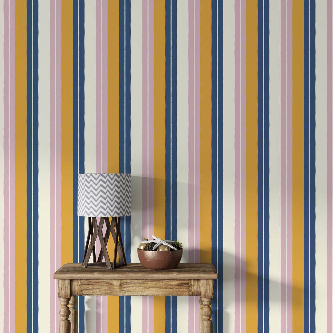 Papel pintado Rayas Dobles Amarillo Azul Rosa M