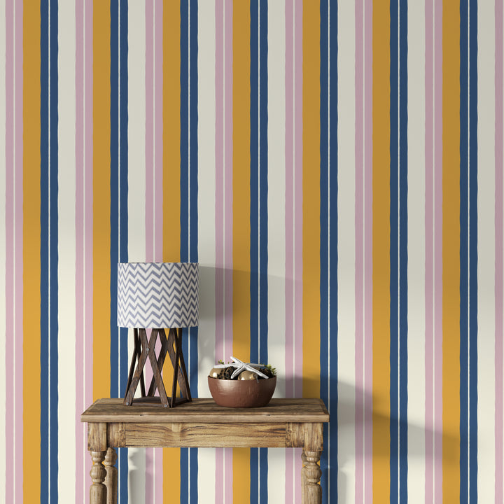 Papel pintado Rayas Dobles Amarillo Azul Rosa M
