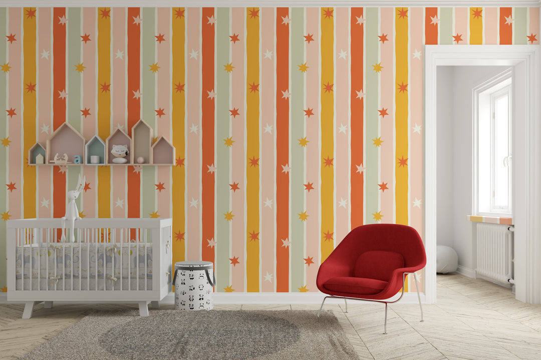 Papel pintado Rayas Irregulares Estrellas Naranja Verde L