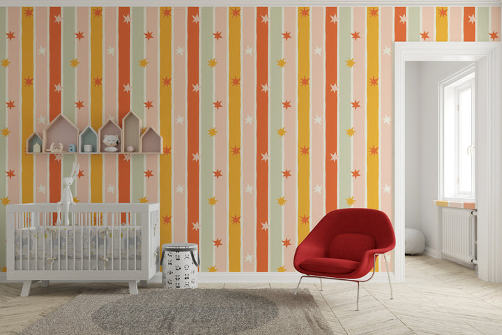 Papel pintado Rayas Irregulares Estrellas Naranja Verde L
