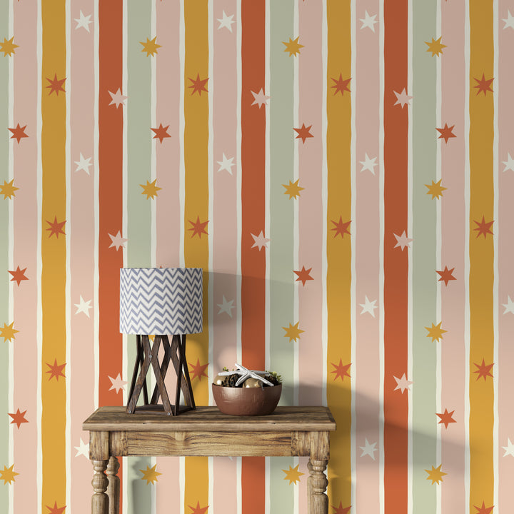 Papel pintado Rayas Irregulares Estrellas Naranja Verde L