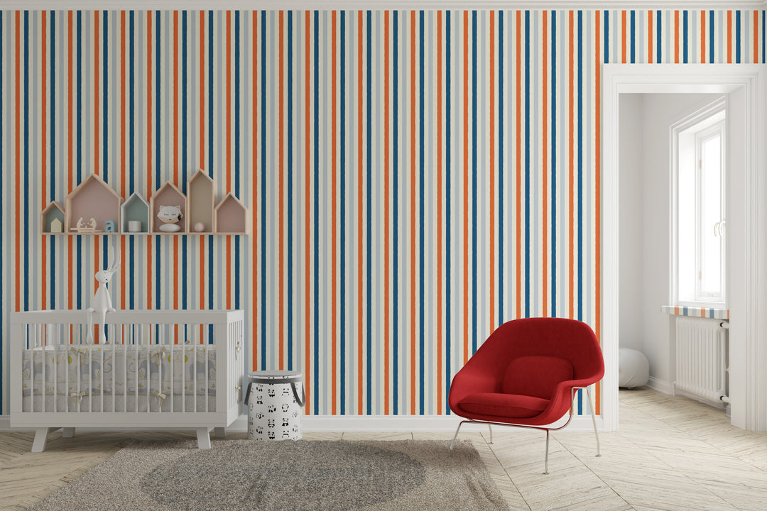 Papel pintado Rayas Irregulares Naranja Azul Crema S