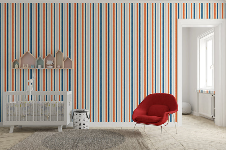 Papel pintado Rayas Irregulares Naranja Azul Crema S