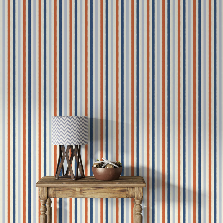 Papel pintado Rayas Irregulares Naranja Azul Crema S
