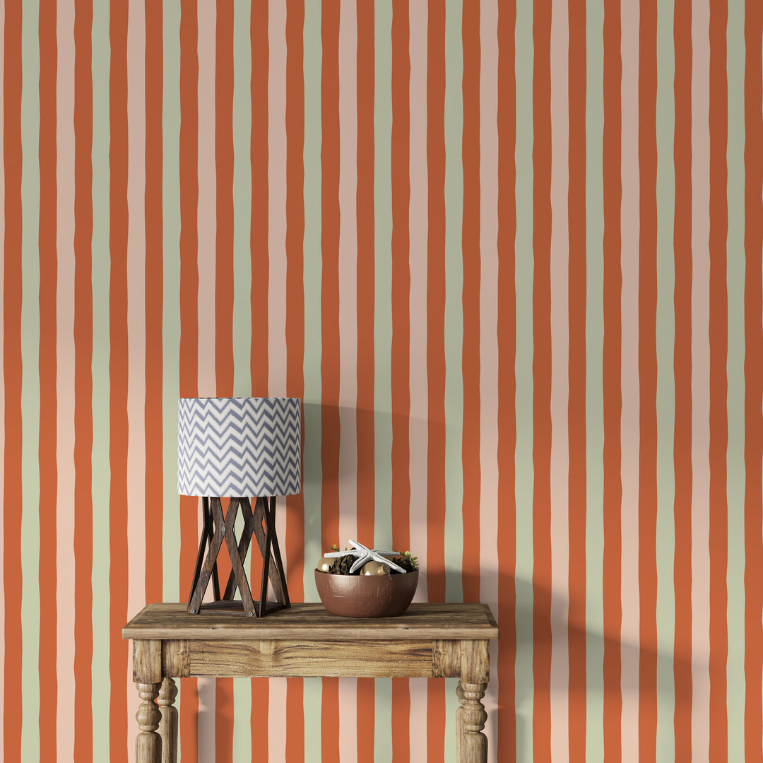 Papel pintado Rayas Irregulares Naranja Verde Claro L