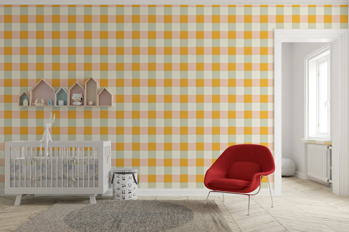 Papel pintado Cuadros Vichy Naranja Beige Verde L
