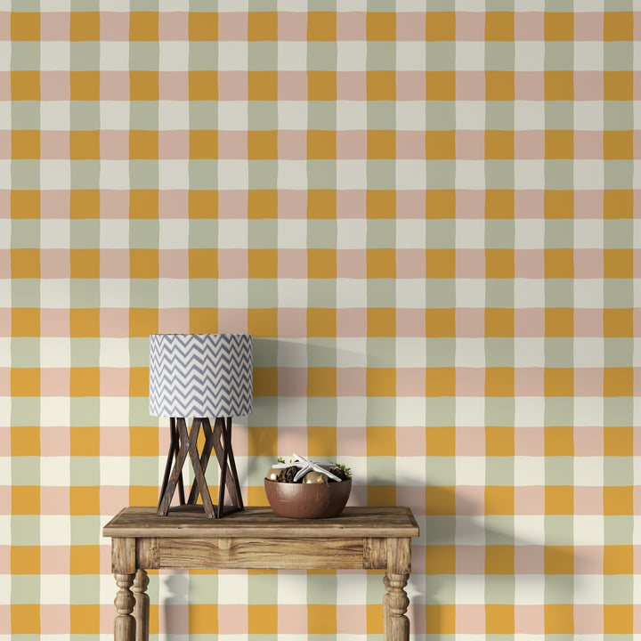 Papel pintado Cuadros Vichy Naranja Beige Verde L