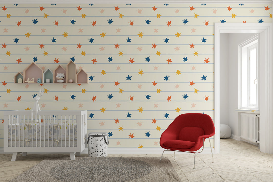 Papel pintado Estrellas Multicolor Rayas Azul Crema L