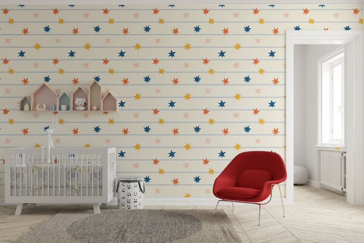 Papel pintado Estrellas Multicolor Rayas Azul Crema L