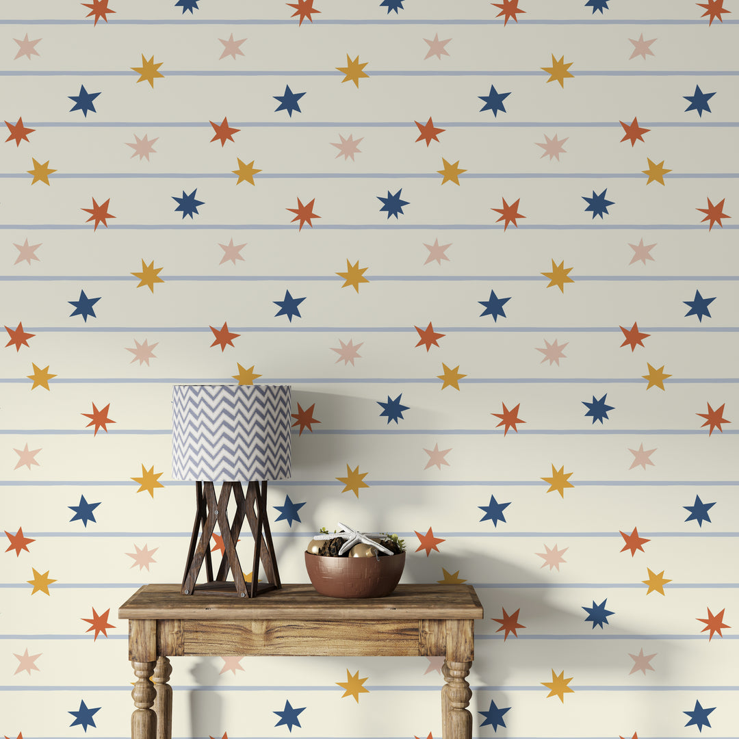Papel pintado Estrellas Multicolor Rayas Azul Crema L