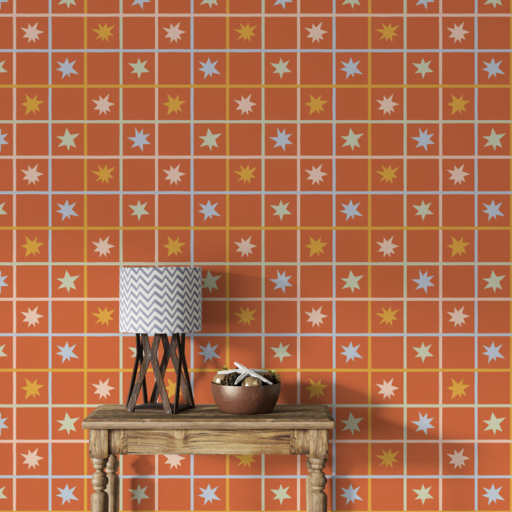 Papel pintado Geometrico Estrellas Naranja Azul Amarillo L